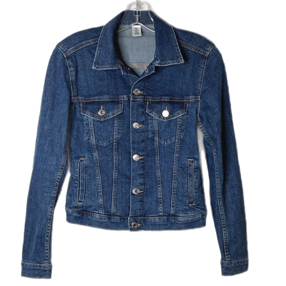 & Denim Jean Jacket Classic Trucker Blue Medium Wash Women Size 6 Cotton Stretch